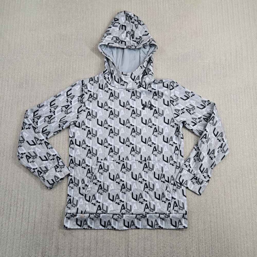 Under Armour Hoodie Sweatshirt Medium Large Gray UA Logo All Over Print AOP